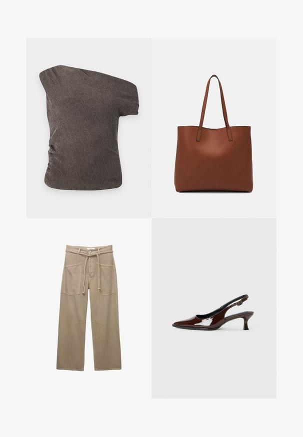 Brun, enaxlad topp med en texturerad, skrynklig tyg; har en rynkad sidodekoration och en figurnära silhuett.; Beige vida byxor gjorda av hållbart tyg, med stora framfickor, ett flätat bälte och subtila sömdetaljer.; Brun lackläder slingback-sko med spetsig tå och en måttlig klack. Utrustad med en spännband för säker passform. Slät textur.; Brun läder tote-väska med en slät textur, öppen toppdesign och två axelremmar. Har minimal söm och ingen synlig metalldetalj.