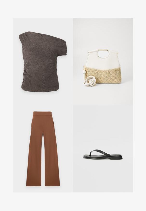 Hnědý top na jedno rameno s texturovanou, zmačkanou tkaninou; obsahuje nařasený detail na boku a přiléhavý střih.; Hnědé kalhoty širokého střihu vyrobené z hladkého, elastického materiálu. Mají vysoký pas a boční kapsy, navržené pro volný střih.; Černé žabky vyrobené z hladké kůže, s tenkým designem popruhu a plochou podrážkou s minimálním profilem. Žádné výrazné vzory ani akcenty.; Bílá kožená kabelka s texturovaným krémovým tkaným dnem. Obsahuje zlatou rukojeť a stočený bílý popruh pro variabilitu.