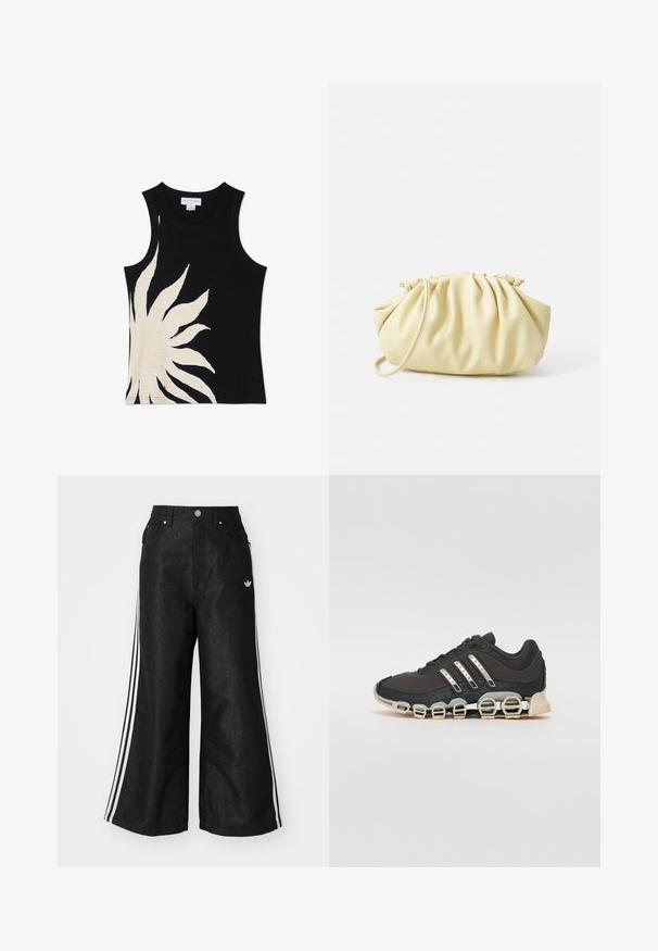 Never Fully Dressed SOL - Top - black; Schwarze, weit geschnittene Jeans mit drei weißen Streifen an jeder Seite und einem kleinen weißen Logo. Mit vorderen Taschen und einem Knopfverschluss.; Schwarzer Sportschuh mit einer strukturierten Oberseite, drei silbernen Streifen und einer markanten Dämpfungssohle mit mehreren integrierten Sektionen.; Gelbe, gefaltete Handtasche aus glattem Kunstleder mit weicher Form, einzigem Schulterriemen und gerafftem Oberteil.
