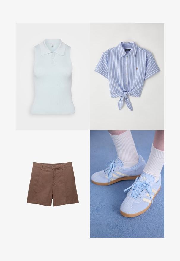 Jasnoniebieski, bezrękawnik polo o prążkowanej teksturze, z płaskim kołnierzykiem i zapięciem na trzy guziki z przodu. Prosty design.; Niebieska i biała koszula z krótkim rękawem w paski, z detalem w postaci węzła w okolicy talii oraz małym logo po lewej stronie klatki piersiowej.; Brązowe lniane szorty z płaskim przodem, dwoma kieszeniami z przodu i gładką fakturą. Charakteryzują się dopasowanym krojem i prostym wykończeniem na dole.; Jasnoniebieskie zamszowe trampki z białymi paskami, płaskimi sznurówkami i podeszwą z gumowej gumy. Na kostkach noszone są ribbed białe skarpetki.
