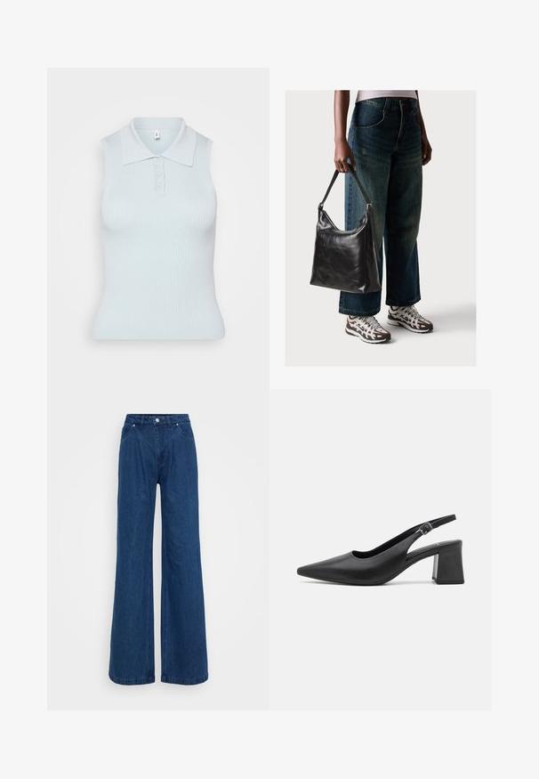 Lyseblå ermeløs polo med ribbestruktur, med krage og tre knapper foran. Enkelt design.; Bredde ben jeans i blå denim med høy midje, frontlås med knapp og glidelås, samt front- og baklommer mot en ensfarget bakgrunn.; Svart lær slingback hælsko med spiss tå og kraftig klosshelt. Har justerbar stropp med metallspenne.; Sort skinnveske med en glatt tekstur og justerbar stropp, kombinert med falmede vide jeans og atletiske sneakers.