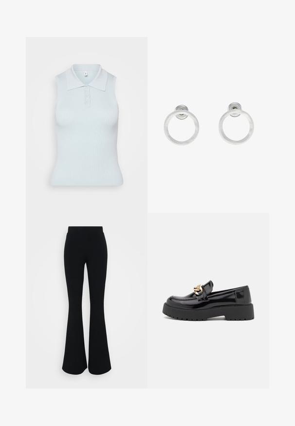 Ljusblå ärmlös polotröja med ribbad textur, som har en platt krage och tre knappar framtill. Enkelt design.; Svarta utsvängda byxor med en slät textur, hög midjeband och en vid bendesign som gradvis vidgas från knäet.; Svarta lackläderloafers med en kraftig svart sula och detaljer i guld. Slät yta och rund tådesign.; Silvriga metallringörhängen med borstad yta, som har en cirkulär design och en genomskinlig stiftbaksida för säker användning.