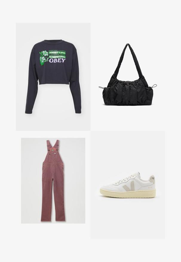 Black cropped long-sleeve shirt with green and purple text stating "Everything I learned... about life I learned from growing OBEY," featuring floral accents.; Red-striped denim overall with adjustable shoulder straps, large front pocket, and side pockets. Features metal hardware and a stitched hem.; White leather sneaker with beige suede accents, perforated toe box, flat laces, and a textured cream sole. Features subtle branding on heel.; Black fabric handbag with gathered texture, two shoulder straps, and drawstring closure on sides. Smooth, lightweight material.