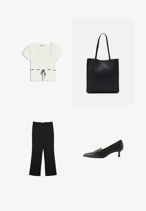 Valkoinen neulospaita, jossa on pyöreä kaula-aukko ja lyhyet hihat. Sisältää tummansinisiä naru-somistuksia vyötäröllä sekä vaakasuoria korostusviivoja.; Mustat housut suoralinjaisella leikkauksella, joissa on etutaskut ja sivurei'ät helman alla. Valmistettu pehmeästä ja sileästä kankaasta. Sopii eri tilaisuuksiin.; Musta nahkakengät, joissa on terävä kärki ja koristeellinen nauha. Ominaisuudet: matala stiletto-korko ja sileä pinta.; Mustapahkainen kangaskassi, jossa on sileä pinta, suorakaiteen muotoinen ja kaksi pitkää kahvaa. Ei näkyvää metalliosaa tai koristeita.