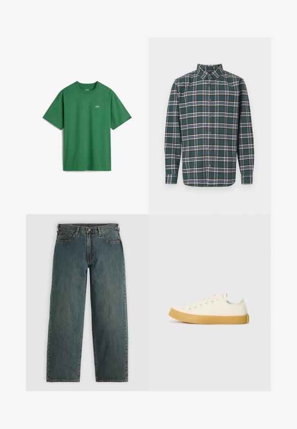 T-shirt in cotone verde con maniche corte, colletto a girocollo e un piccolo logo bianco Vans sul petto. Tessuto morbido, vestibilità rilassata.; Camicia di flanella verde con un motivo a quadri che presenta righe blu, bianche e giallo senape. Chiusura con bottoni e colletto punta. Maniche lunghe.; Jeans in denim blu scuro a gamba dritta con chiusura a bottone e cerniera, tasche anteriori e passanti per cintura su uno sfondo grigio chiaro.; Sneakers in tela di colore avorio con punta rotonda, dotati di suole in gomma beige e cinque occhielli per i lacci, finitura texturizzata sulla parte superiore.