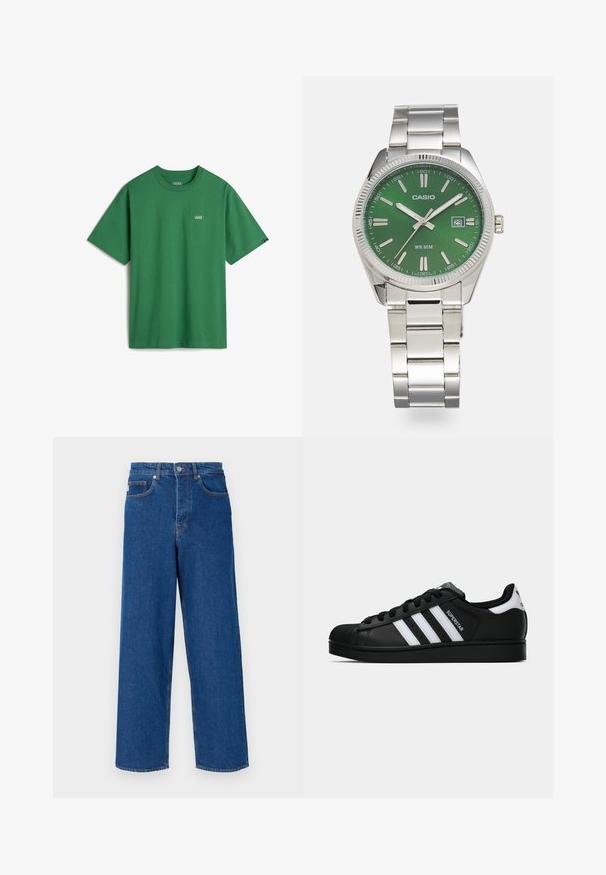 Green cotton t-shirt with short sleeves, a crew neck, and a small white Vans logo on the chest. Smooth texture, relaxed fit.; Wide-leg blue jeans made of denim, featuring a high waist, five-pocket design, and contrast stitching along the seams and pockets.; Black Adidas Superstar sneaker with white stripes, shell toe, and "Superstar" text on side, shown in side profile on white background.; Silver stainless steel watch with a round green dial, silver hour markers, date display, and a metal link bracelet. Water-resistant to 50 meters.