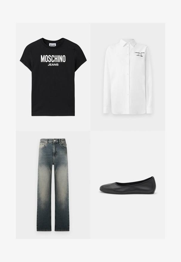 Svart bomull T-skjorte med korte ermer, som har hvit "MOSCHINO" og "JEANS" tekst i fet skrift. Klassisk rund hals og glatt tekstur.; Hvit langermet knappshirt med krage og svart brodert tekst "Moschino Jeans" på øvre venstre bryst.; Høy midje rette jeans med falmet lys og mørk denimvask og klassisk fem-lommers design.; Svart skinnballettflatt med rund tå, glatt tekstur, minimal sømdetalj, og et fleksibelt såledesign.