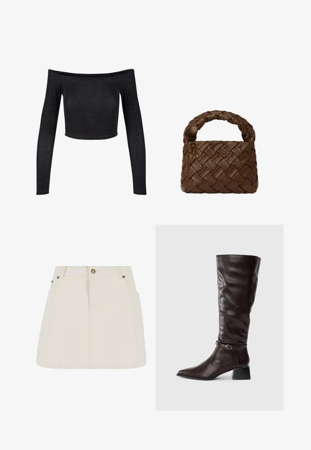 Musta olkaimeton crop-top, joka on valmistettu kimaltavasta kankaasta. Siinä on pitkät hihat ja kiinteä muotoilu ilman ylimääräisiä kuvioita tai koristeita.; Vaaleanbeige farkkuinen minisati, jossa on korkea vyötärö, kaksi etutaskua ja pronssiset nappikoristeet. Sujuva pinta ja yksinkertainen muotoilu.; Pitkät tummanruskeat nahkasaappaat, joissa on terävä kärki, pieni solkiremmi nilkassa ja matala lohko korko valkoisella taustalla.; Ruskea punottu nahkalaukku, jossa on letitetty kahva, suorakulmainen muoto, teksturoitu pinta ja saumatonta rakennetta.