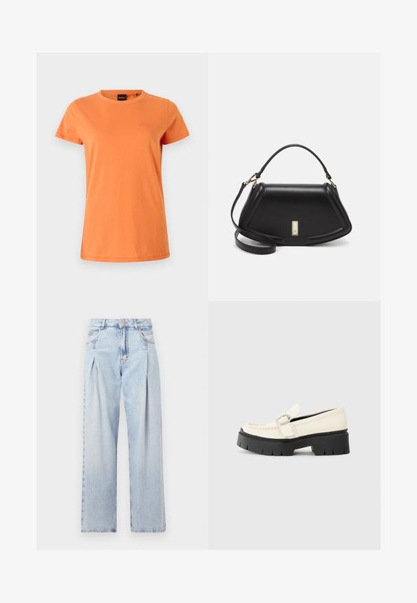 Tricou cu mâneci scurte, din bumbac portocalie strălucitor, cu guler rotund și logo brodat pe pieptul stâng. Textură netedă, croială confortabilă.; Jeans din denim albastru deschis cu talie înaltă, croială evazată, două buzunare laterale și un design pliat. Textură moale cu un finisaj decolorat.; Lofer alb din piele, cu o talpă platformă masivă neagră, având o cataramă rectangulară din argint și detalii vizibile de cusătură pe partea superioară.; Geantă de umăr din piele neagră, cu un design structurat, având o formă tăiată, mânere superioare și accente din aur. Include o curea de umăr ajustabilă.