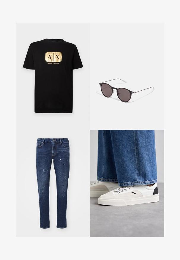 Melnas kokvilnas T-krekls ar zelta taisnstūra logotipu, kurā ir teksts "A|X" un zem tā teksts "ARMANI EXCHANGE". Klasiska piegriezuma ar īsām piedurknēm.; Tumši zilo denima džinsi ar šauru piegriezumu, kas rotāti ar krāsas traipiem, redzamām šuvēm un standarta piecu kabatu dizainu. Taisnas kājas piegriezums.; Balti un melni apavi ar gludu ādas virsu, teksturētiem akcentiem un masīvu baltu zoli. Iespējojot klasisku šņorējamu dizainu.; Melni apaļi saulesbrilles ar tumšiem lēca un plānām metāla stangām. Iekļautas caurspīdīgas tempļu galviņas un sudraba akcenti pie eņģes. Minimalistisks dizains.