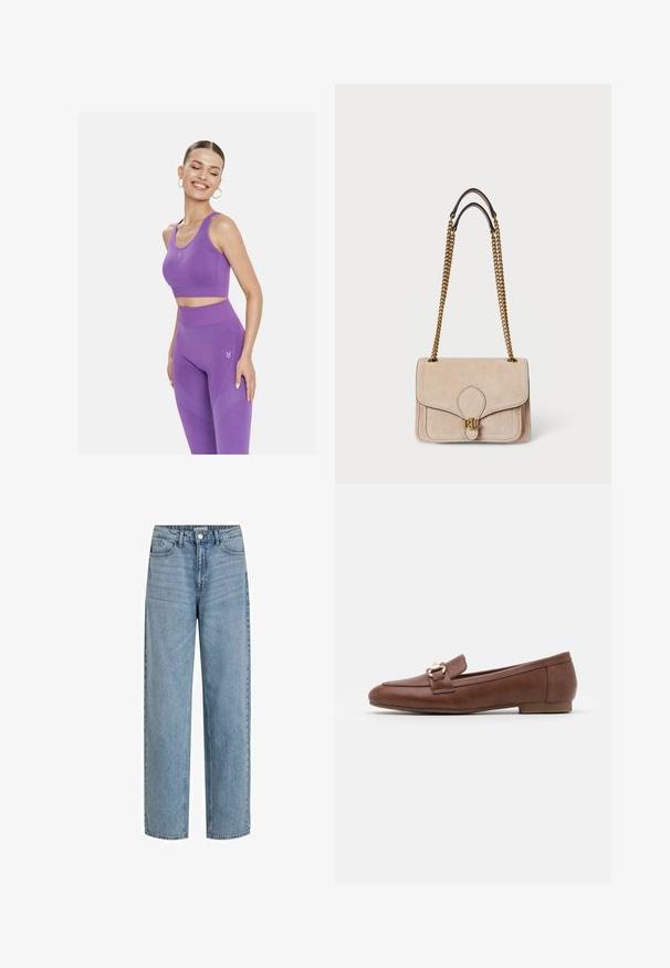 Cardio Bunny CHILL CROP - Toppi - purple; Vaaleansiniset korkeavyöhykkeiset farkut, jotka ovat denim-materiaalia. Piirteet suorat lahkeet, viisi taskua ja etupainike.; Ruske nahkasaappaat, joissa on litteä pohja, kirjailtu kuvio ja buckloin kultaisen sävyn yksityiskohta vampin yli kulkevassa hihnassa.; Beige mokka käsilaukku kullankeltaisilla ketjuhihnoilla, rakenteellinen suorakulmainen muoto, ommeltu yksityiskohta ja kultainen logoväri edessä.