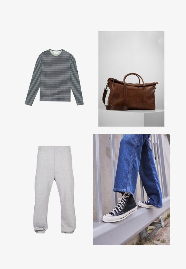 Pier One - Bluzka z długim rękawem; Szare dresy wykonane z mieszanki bawełny, z elastycznym paskiem w talii, zwężanymi nogawkami i ściągaczami u dołu. Prosty design bez wzorów.; Czarne sneakersy za kostkę z białą podeszwą i sznurówkami, w połączeniu z luźnymi niebieskimi dżinsami, opierające się na szarym balustradzie.; Brązowa skórzana torba sportowa z zamknięciem na zamek, podwójnymi uchwytami, regulowanym paskiem na ramię oraz widocznymi wzorami tekstury na powierzchni.