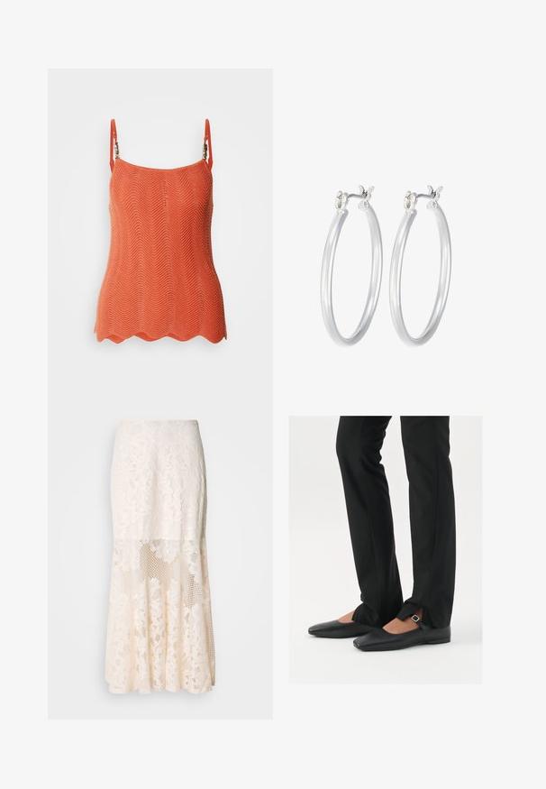 Pleteni oranžni top z zigzag vzorcem, ki vključuje nastavljive naramnice in valovit rob. Lahka tkanina z teksturirano površino.; Cvečni čipkast midi krilo v kremni barvi; vključuje plasten dizajn s prosojnimi sekcijami, teksturiranim čipkastim materialom in razširjenim robom.; Črne usnjene balerinke s koničastim nosom, trak z srebrno zaponko, v kombinaciji s črnimi elegantnimi hlačami z razporkom na robu.; Srebrni obroči za ušesa z gladko, polirano površino. Okrogla oblika in varna zaponka s klikom. Lahka zasnova, primerna za vsakodnevno nošenje.