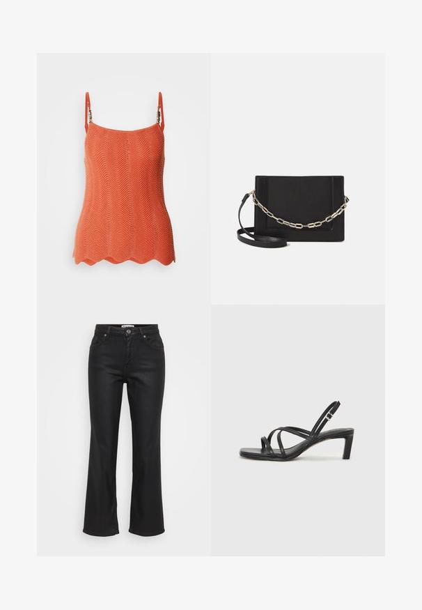 Top tricotat portocaliu cu un model în zigzag, având bretele ajustabile și margine zimțată. Material ușor, cu un finisaj texturat.; Jeanși negri evazați din denim, cu închidere frontală cu nasture, cinci buzunare și o textură netedă, ușor lucioasă.; Sandal cu barete negre, cu vârf pătrat și toc mic de bloc. Prezintă mai multe barete subțiri și o bareta ajustabilă la gleznă. Fabricat din piele netedă.; Geantă de umăr din piele neagră, cu o textură netedă, formă rectangulară și un detaliu din lanț metalic în față. Include curea reglabilă.