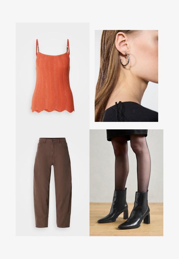 Top arancione lavorato a maglia con motivo a zigzag, dotato di spalline regolabili e orlo scallop. Tessuto leggero con una finitura testurizzata.; Pantaloni marroni a gamba dritta con bottone e zip frontali, passanti per cintura e tasche laterali, mostrati su uno sfondo bianco.; Stivaletti neri in pelle con punta affusolata, tacco quadrato imponente e design elegante. Dotati di pannelli laterali elasticizzati per una facile vestibilità.; Orecchino a cerchio in argento con finitura lucida, caratterizzato da piccoli dettagli in oro e una forma tondeggiante, indossato sul lobo.