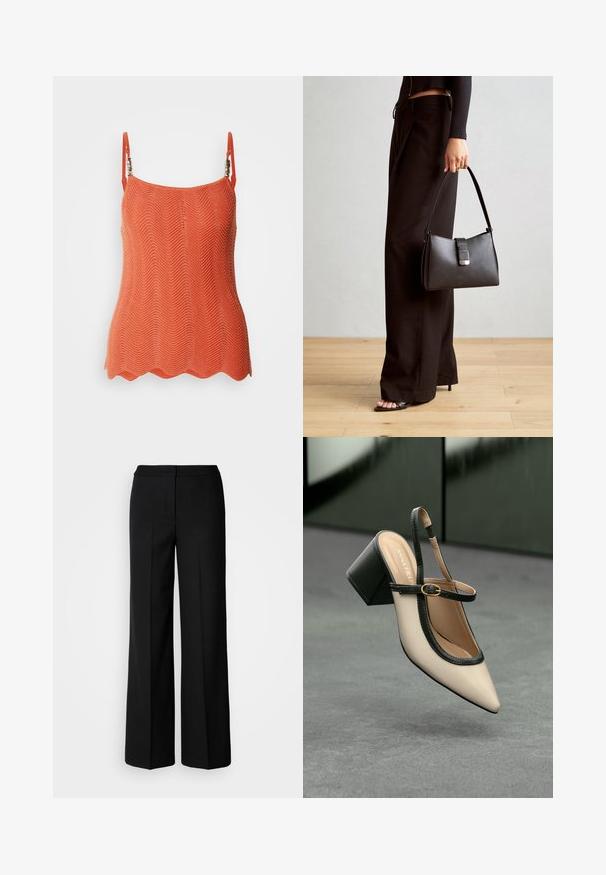 Zigzag mintázatú narancssárga kötött felső, állítható pántokkal és hullámos szegéllyel. Könnyű, texturált anyag.; Fekete, széles szárú nadrág sima anyagból, magas derekú, üzemben készült varrásokkal és minimalista dizájnnal. Nincsenek látható fémrészek vagy zsebek.; Beige, hegyes orrú, pántos cipő fekete díszítéssel, arany csattal és vastag blokk sarokkal, szürke padlón, sötétzöld háttér előtt.; Fekete kézi táska strukturált formával, sima textúrával és fémből készült záródással. Széles fekete nadrággal és nyitott orrú szandállal párosítva, fából készült padlón.