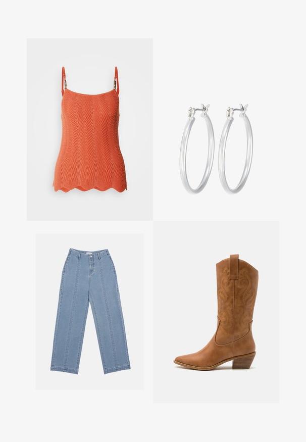 Megztas oranžinis viršus su zigzagu raštu, turintis reguliuojamas petnešas ir banguotą apatinį kraštą. Lengvas audinys su tekstūruotu paviršiumi.; Šviesiai mėlynos plačios kojų džinsai, pagaminti iš denimo. Turi aukštą liemenį, mygtukų užsegimą ir matomą siuvimą. Priekyje nematyti kišenių.; Ruda odinė kantri batai su smailiu būtų pirštu, siuvinėtais spiralės raštais ant viršaus ir su kamščiu blokuotu kulnu. Yra tamprių užtraukių, kad būtų lengviau užsidėti.; Sidabriniai auskarai su sklandžiu, poliruotu paviršiumi. Apvalios formos ir saugus uždarymo mechanizmas. Lengvas dizainas, tinkantis kasdieniam dėvėjimui.