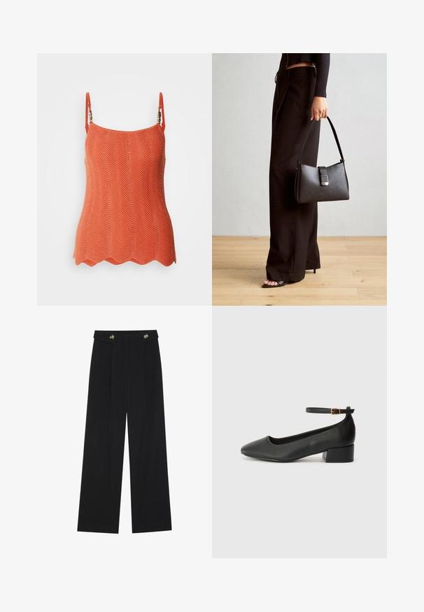 Top tricotat portocaliu cu un model în zigzag, având bretele ajustabile și margine zimțată. Material ușor, cu un finisaj texturat.; Pantaloni negri cu picioare largi, talie înaltă, detalii cu butoane pe talie și pliseuri în față.; Pantof cu toc negru din piele, cu vârf ascuțit și toc mic pătrat. Dispune de o curea la gleznă cu o cataramă în tonuri de aur. Textură netedă.; Genți negre cu o formă structurată, textură netedă și un închizător metalic. Asortată cu pantaloni negri largi și sandale cu vârf deschis pe un podea din lemn.