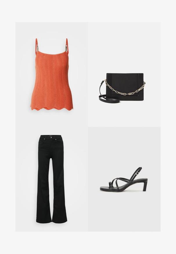 Knitted orange top with a zigzag pattern, featuring adjustable straps and scalloped hem. Lightweight fabric with a textured finish.; Black flared jeans made from denim, featuring a high waist, five pockets, and metal button closure. Smooth texture with minimal detailing.; Black strappy sandal with a square toe and a low block heel. Features multiple thin straps and an adjustable ankle strap. Made of smooth leather.; Black leather crossbody bag featuring a smooth texture, rectangular shape, and a metallic chain detail on the front. Adjustable strap included.