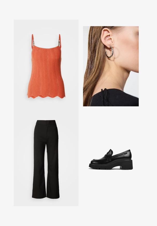 Top arancione lavorato a maglia con motivo a zigzag, dotato di spalline regolabili e orlo scallop. Tessuto leggero con una finitura testurizzata.; Pantaloni neri a gamba larga con texture liscia, vita alta e design semplice. Nessuna tasca visibile o decorazioni.; Mocassino in pelle nera con tacco chunky, suola spessa e un dettaglio a strap nella parte superiore, mostrato di lato su uno sfondo bianco.; Orecchino a cerchio in argento con finitura lucida, caratterizzato da piccoli dettagli in oro e una forma tondeggiante, indossato sul lobo.
