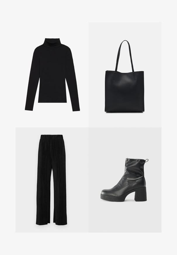 Svart høyhalset langermet topp, laget av ribbestrikket stoff, har en tettsittende design med høy hals og uten mønstre eller dekorasjoner.; Sorte plisserte bukser med elastisk midje. Har vide ben og et glatt, strukturert stoff med vertikale striper.; Svarte ankelstøvler laget av glatt lær, med glidelås på siden, chunky strukturert hæl, og rund tå-design.; Svart lær tote bag med glatt tekstur, rektangulær form og to lange håndtak. Ingen synlige deler eller dekorasjoner.