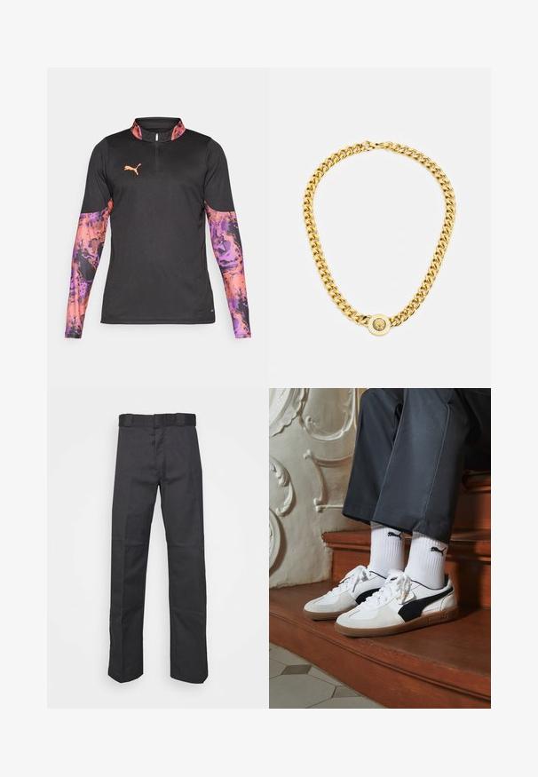 Musta urheilullinen pitkähihainen paita, jossa on puolivetoketju kaulus. Hihassa on violetteja ja oransseja abstrakteja kuvioita. Paidassa on pieni oranssi logo rinnassa.; Mustat pantsit kestävästä kankaasta, suoran lahkeen muotoilu, vyötärönauha, jossa on vyölenkit, ja saumat lisätekstuuria varten.; Puma-tenniset valkoisesta ja mustasta mokasta, joissa on ruskea kumipohja. Yhdistetty valkoisten sukkien kanssa, joissa on musta logo, tummien housujen kanssa.; Kultaketju, jossa on suuret toisiinsa kytkeytyvät lenkit, keskellä on pyöreä pendantin yksityiskohta, jossa on kohotettu emblem.