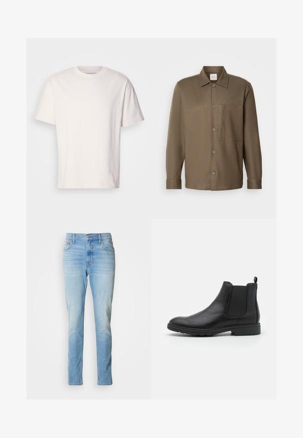 Krem majica od pamuka s okruglim izrezom. Kratki rukavi i ležeran kroj. Ima mali logo na izrezu. Glatka tekstura.; Smeđi košulja s dugim rukavima, ovratnikom, džepom na prsima i glatkom teksturom. Ima sive gumbe duž prednje strane.; Svijetloplava traperice s ravnim nogavicama, suptilnim izblijedjelostima i klasičnim dizajnom s pet džepova. Imaju zatvaranje na gumba i petlje za remen.; Crne kožne Chelsea čizme s elastičnim bočnim panelima i povlačnom petom, s okruglim vrhom i teksturiranom gumenom potplatom.