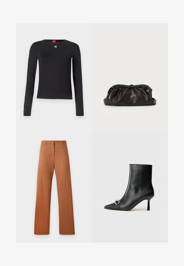 Musta pika varrukaga särk, mis on valmistatud siledast kangast. Omab ümmargust kaelust ja väikest hõbedast logo rinnal. Minimalistlik disain.; Laiad püksid rikkalikus pruuni kangast, sileda tekstuuriga, tavalise vöökohaga koos vöörihmadega ning ees olevate kortsudega.; Must mustanvärvi nahast pahklinetopp, millel on terav nina, peen keskmise kõrgusega konts ja hõbedane keha detail külgedel, taustal lihtne taust.; Must mustre kott, millel on kokkukogutud ülemine osa, lukuga sulgur ja kullatud aksessuaarid. Sile tekstuur koos reljeefse logo detailiga.