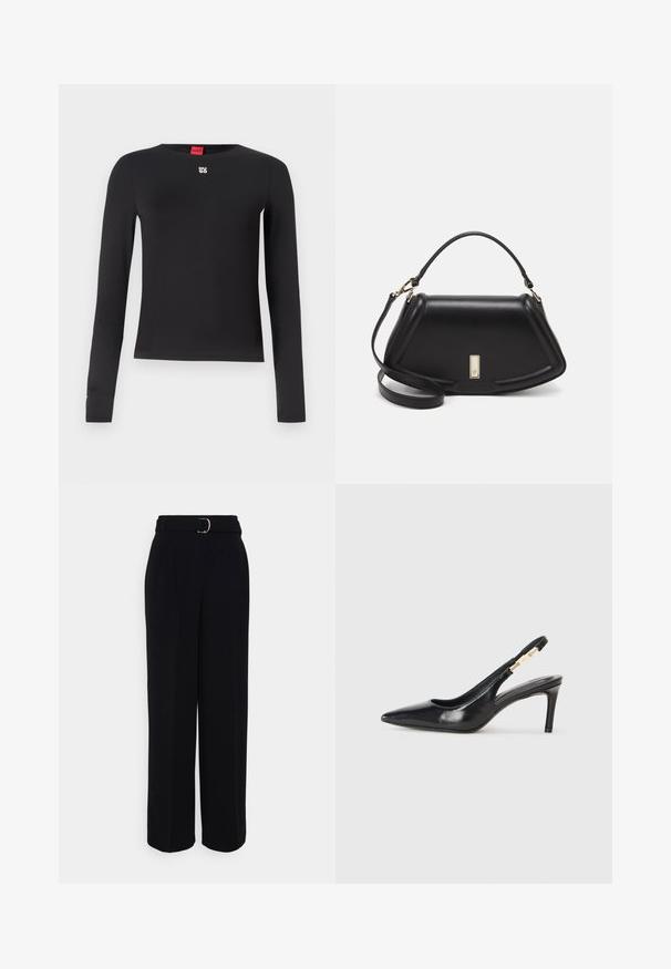 Svart langermet skjorte laget av glatt stoff. Har rund hals og en liten sølvlogo på brystet. Minimalistisk design.; Sorte skræddersydde bukser med bred ben silhuett, med et belte med sølvspenne, legg og en glatt tekstur.; Sorte skinn slingback høyhælte sko med spiss tå, glatt tekstur og en smal ankelrem med gullhardvareakenter.; Sort lærveske med en strukturert design, som har en avkortet form, topphåndtak og detaljer i gull. Justerbar skulderstropp inkludert.
