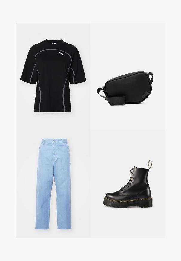 Black short-sleeve t-shirt with contrasting white stitching and a small logo on the chest, featuring a round neckline and relaxed fit.; Light blue denim trousers with a straight leg design, button closure, and front pockets. Fabric has a subtle texture with a smooth finish.; Black leather lace-up ankle boots with a chunky black sole and yellow stitching. Features a pull tab at the back and circular metal eyelets.; Black, zippered crossbody bag made of smooth material, featuring a flat shape, a single strap, and a small logo accent. Minimalist design.