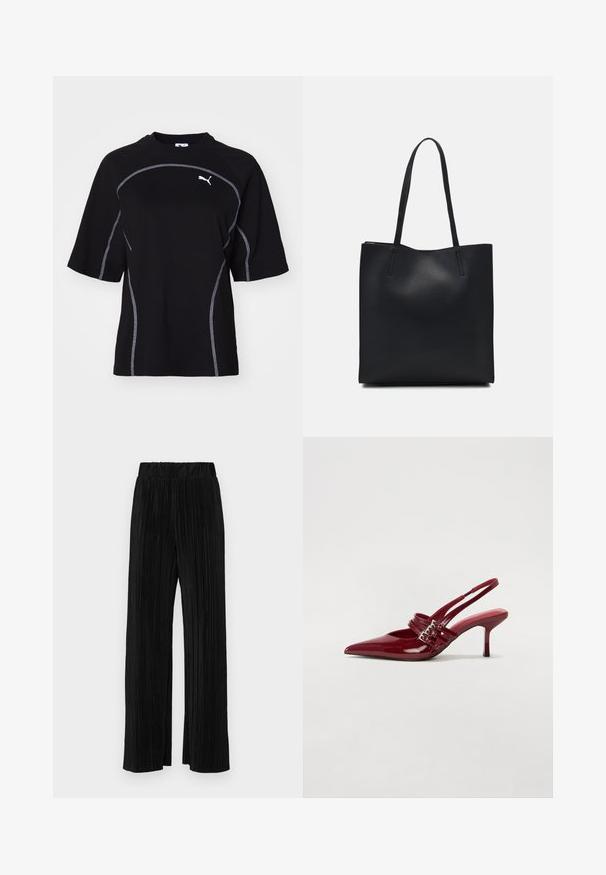Černé tričko s krátkým rukávem, kontrastním bílým šitím a malým logem na hrudi, s kulatým výstřihem a volným střihem.; Černé plisované kalhoty s elastickým pasem. Mají široké nohavice a hladkou, strukturovanou tkaninu s vertikálními pruhy.; Červené lakované kožené lodičky na podpatku s špičatou špičkou, dvěma přezkami a štíhlým, středně vysokým jehlovým podpatkem. Hladký povrch.; Černá kožená taška přes rameno s hladkým povrchem, obdélníkovým tvarem a dvěma dlouhými uchy. Žádné viditelné kování ani ozdoby.