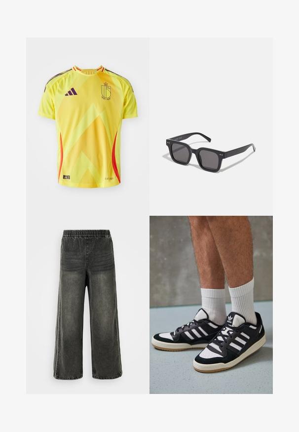 Dzeltens sporta krekls ar ģeometrisku dizainu, purpura akcentiem un sarkaniem sānu paneļiem; izgatavots no viegla, elpojoša auduma.; Melni mazgāti džinsu bikses ar elastīgu jostu un platām kājām, kurām ir smalkas vertikālās šuvju detaļas sānos.; Melnas un baltas kedas ar zamša un ādas augšdaļu, kas aprīkotas ar trim baltām svītrām, perforētu purngali un gumijas zolēm.; Melnas taisnstūra saulesbrilles ar tumšiem stikliem, kuras iezīmē bieza rāmja konstrukcija, diskrēti akcenti sānos, un nav redzamu logo ārpus zīmola nosaukuma.