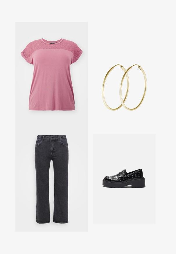 Vero Moda Curve VMCANNE jasnoróżowy; Czarne dżinsy o prostym kroju nogawki, pięć kieszeni i zapięcie na guzik. Materiał ma lekko wyblakłą teksturę i mocne przeszycia.; Czarne skórzane loafersy z srebrnymi ćwiekami, z grubą platformą i szerokim paskiem na wierzchu. Gładka tekstura, zaokrąglony kształt.; Złote kolczyki w formie obręczy z gładkim, zaokrąglonym wzornictwem o błyszczącym wykończeniu. Lekka konstrukcja z bezpiecznym zapięciem.