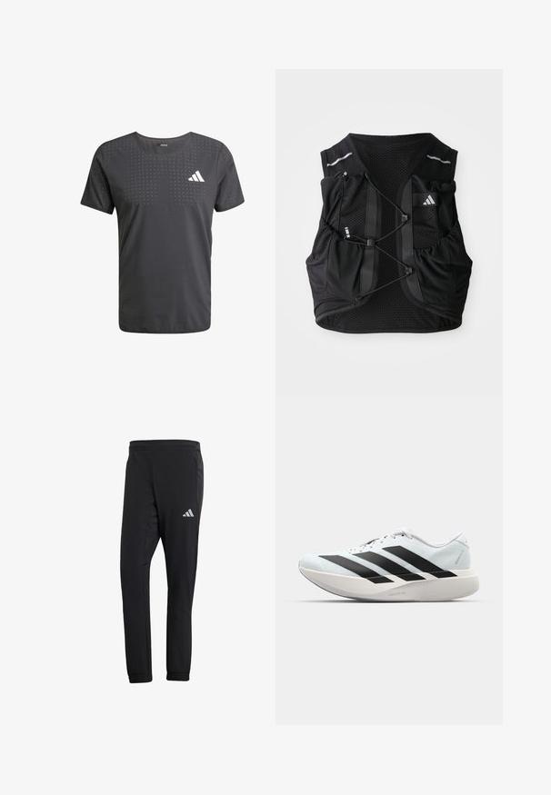 Zwart heren sport T-shirt met ronde hals, met een geperforeerd ontwerp en een wit logo op de linkerborst. Gemaakt van lichtgewicht stof.; Zwarte sportieve broek met een taps toelopende pasvorm, gemaakt van een gladde stof. Heeft zijzakken en een reflecterend logo op de bovenlinker dij.; Lichte hardloopschoenen in lichtblauw met zwarte strepen. Beschikt over een soepele bovenkant, ronde neusstuk en dikke witte tussenzool met het label "LIGHTSTRIKE PRO."; Zwarte ademende mesh hardloopvest met verstelbare voorkoordjes, meerdere zakken en een klein logo op de bovenste rechterborst.