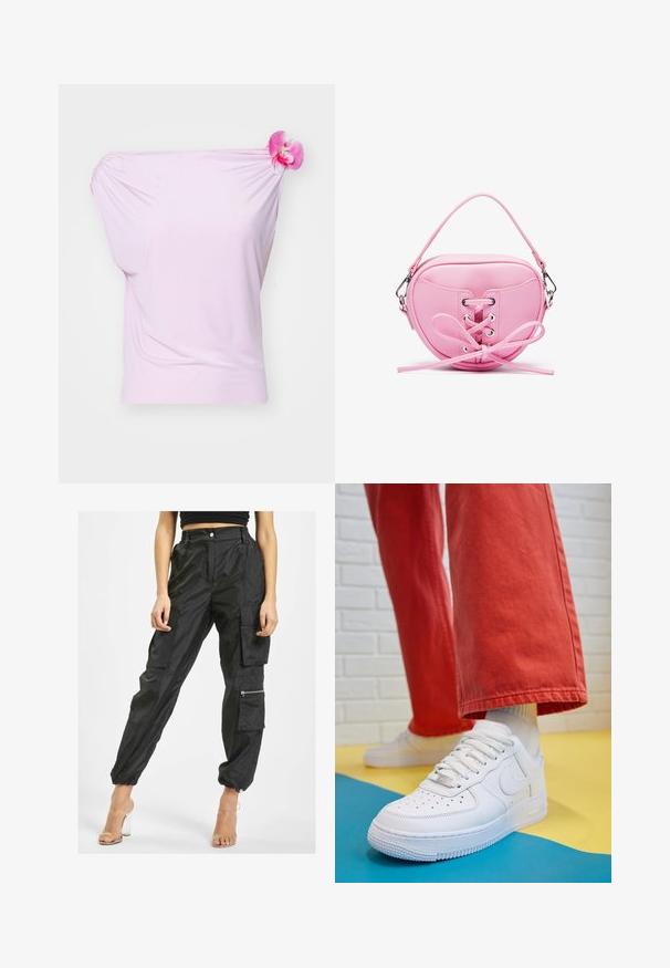 Różowa bluzka na jedno ramię, uszyta z gładkiego materiału, z kwiatowym akcentem na prawym ramieniu i marszczonym detalem po lewej stronie.; Czarne spodnie cargo wykonane z lekkiego materiału mają wiele kieszeni, elastyczne mankiety oraz kieszeń na zamek z boku dla zwiększonej funkcjonalności.; Białe skórzane sneakersy z perforowanym czubkiem, teksturowaną podeszwą i białymi sznurowadłami, w połączeniu z szerokimi czerwonymi spodniami na niebiesko-żółtym tle.; Różowa torebka z sztucznej skóry w kształcie okręgu, z ozdobnym sznurowaniem z metalowymi oczkami oraz detalem w postaci kokardy. Posiada krótki uchwyt.