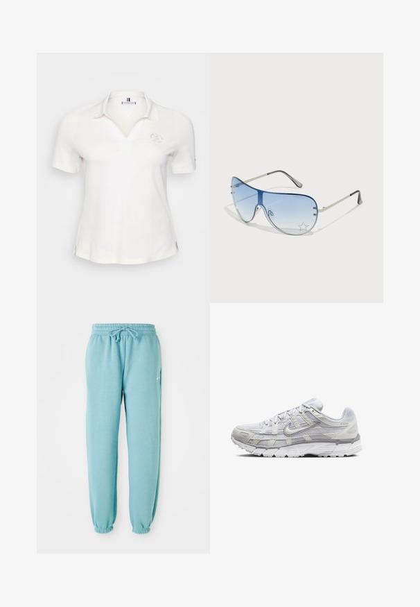 Bjela kratka majica polo s ovratnikom, s diskretnim izvezenim logotipom i bočnim prorezima za lakše kretanje. Glatka tekstura i lagani materijal.; Svijetloplave trenirke od mekog materijala s elastičnim pojasom, detaljem u obliku vrpce i elastičnim manžetama na gležnjevima. Mali logo na strani.; Svijetlosive atletske cipele s mrežastim i sintetičkim gornjim dijelom, s vezanjem, podstavljenim ovratnikom i teksturiranim potplatom za bolje prianjanje.; Naočale tipa avijatičar s gradijentnim plavim staklima, okvirom od srebrnog metala i dekorativnim zvjezdastim naglascima na staklima. Glatki i elegantni dizajn.