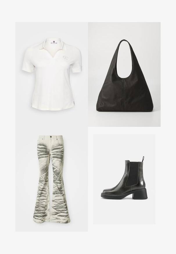 Hvit kortermet polo skjorte med krage, med diskret logo brodering og sidesplitt for bedre bevegelsesfrihet. Glatt tekstur og lett materiale.; Lysfargede flare-jeans med teksturerte svarte horisontale striper og rynkete detaljer, med frontlommer og metallknapplukking.; Sorte ankelstøvler i svart lær med glatt overflate, elastiske sidepaneler og en kraftig hæl. Har en løftestrop for enklere påkledning.; Svart lær totebag med en buet håndtak, langstrakt trekantet form og glatt tekstur. Har et minimalistisk design uten synlig maskinvare.; Sølvmetall øredobber med et bølgete, skulpturelt design, preget av en polert finish og uregelmessige former, som fremhever en moderne estetikk.