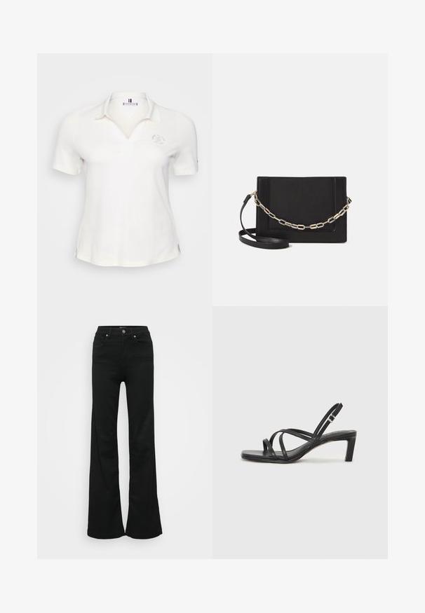 White short-sleeve polo shirt with a collar, featuring subtle logo embroidery and side slits for ease of movement. Smooth texture and lightweight material.; Black flared jeans made from denim, featuring a high waist, five pockets, and metal button closure. Smooth texture with minimal detailing.; Black strappy sandal with a square toe and a low block heel. Features multiple thin straps and an adjustable ankle strap. Made of smooth leather.; Black leather crossbody bag featuring a smooth texture, rectangular shape, and a metallic chain detail on the front. Adjustable strap included.