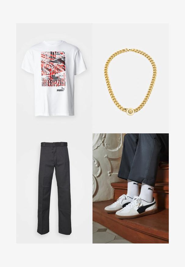 White cotton t-shirt featuring a graphic in red, black, and gray with text and patterns, including the logo "Puma" at the bottom.; Black pants made of durable fabric, featuring a straight leg design, a waistband with belt loops, and seams for added texture.; Puma sneakers in white and black suede, featuring a brown rubber sole. Paired with white socks displaying a black logo, worn with dark pants.; Gold chain necklace with large interlocking links, featuring a circular pendant detail at the center with a raised emblem.