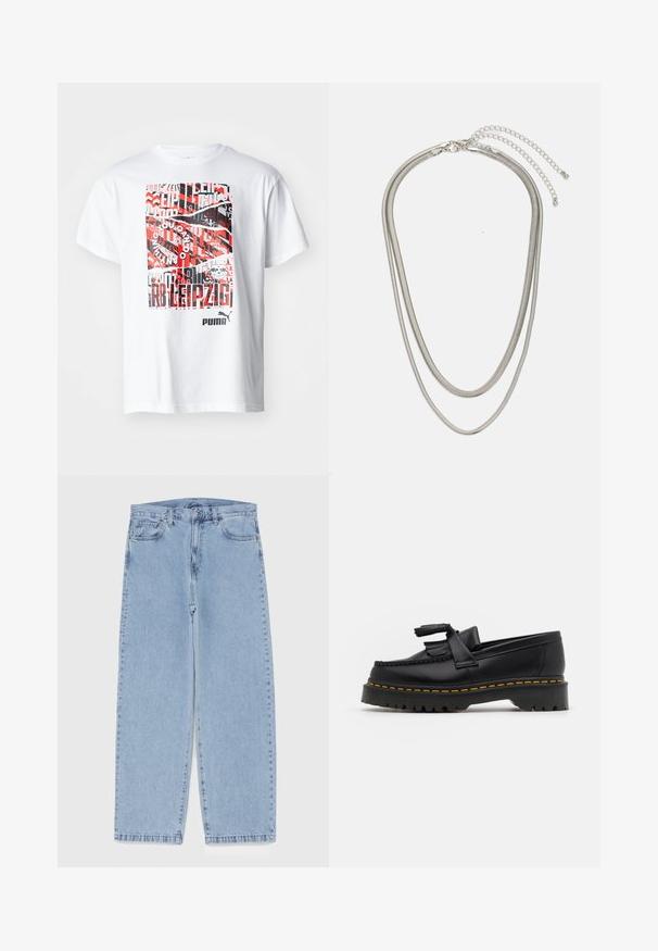Biała bawełniana koszulka z nadrukiem w kolorach czerwonym, czarnym i szarym, zawierająca tekst i wzory, w tym logo "Puma" na dole.; Jasnoniebieskie dżinsy o prostym kroju nogawki, z średnim stanem, pięcioma kieszeniami oraz zapięciem na guzik i zamek błyskawiczny.; Czarny skórzany mokasyn z frędzelkowymi akcentami, z masywną czarną podeszwą i żółtym przeszyciem wzdłuż krawędzi. Teksturowane wykończenie.; Trójwarstwowy naszyjnik ze srebrnego metalu z eleganckimi, elastycznymi łańcuszkami o delikatnym połysku, zapinany na karabińczyk i regulowany.