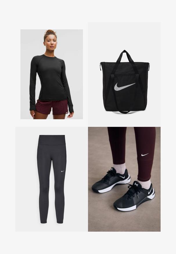 Zwarte lange mouw sportshirt met een aansluitend ontwerp en raglanmouwen, gecombineerd met bordeauxrode shorts. Bevat een ritszak aan de zijkant.; Zwarte legging van rekbare stof met een hoge tailleband en een wit Nike-logo op de linkerdij. Gladde textuur, aansluitend ontwerp.; Zwarte sportieve schoenen met een gestructureerde bovenkant en witte accenten, voorzien van veters en een zijlogo. Dragen met bordeauxrode leggings en lichte sokken.; Zwarte nylon tas met twee stevige handvatten en ritsluiting. Bevat een opvallend wit Nike swoosh-logo in een horizontaal gestreept design.