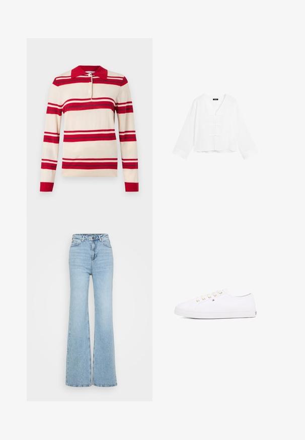 Knit polo shirt in beige with red and light gray horizontal stripes, featuring a red collar and three-button placket. Long sleeves.; White cropped blouse with long sleeves, V-neck, and decorative button closures at the front. Smooth texture and relaxed fit.; Light blue flared jeans made of denim, featuring a high waist, five-pocket design, and a raw hem at the bottom. Texture is slightly worn.; White canvas sneaker with gold eyelets, flat laces, textured rubber sole, and minimal branding on the side. Low-profile design.