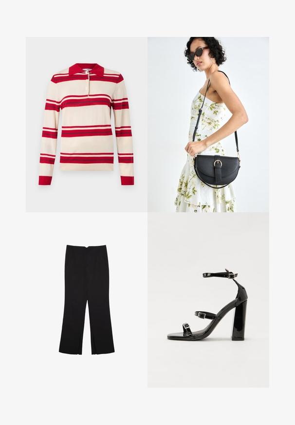 Beige Strick-Polohemd mit roten und hellgrauen horizontalen Streifen, mit rotem Kragen und einer dreiknöpfigen Knopfleiste. Lange Ärmel.; Schwarze Hose mit geradem Schnitt, ausgestattet mit Fronttaschen und Seitenschlitzen am Saum. Hergestellt aus weichem, glattem Stoff. Geeignet für verschiedene Anlässe.; Schwarze patentierte Sandalen mit Absatz, quadratischer Spitze, Knöchelriemen und silbernen Schnallen. Mit einem stabilen Blockabsatz für mehr Stabilität.; Schwarze Lederhandtasche mit geschwungener Form, abnehmbarem Tragegurt und goldenen Beschlägen. Die Tasche verfügt über einen Deckel mit einer Schnallen-Details.