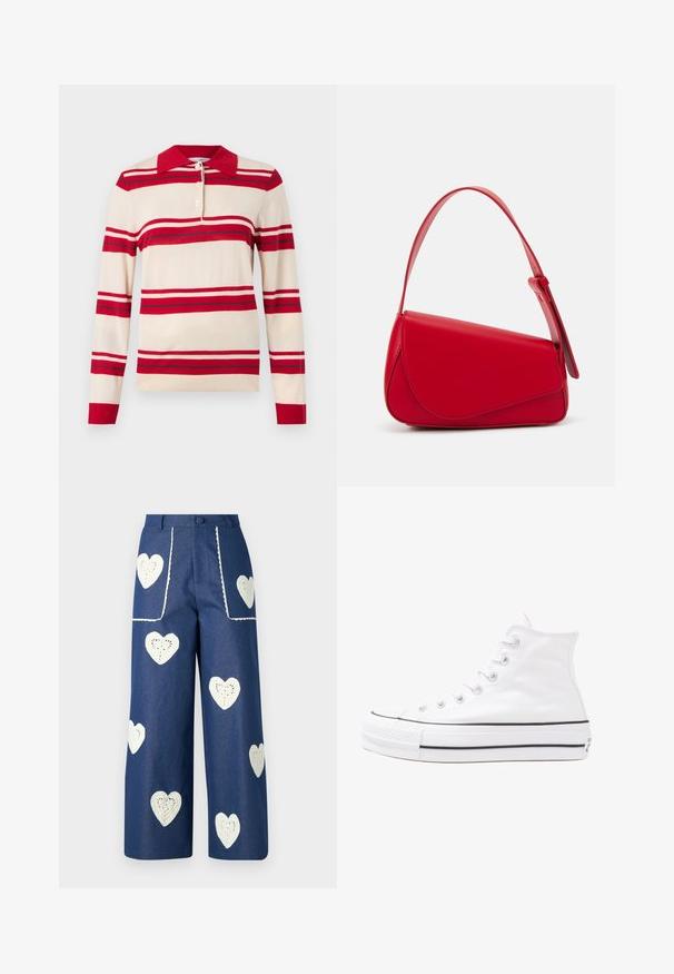 Beige Strick-Polohemd mit roten und hellgrauen horizontalen Streifen, mit rotem Kragen und einer dreiknöpfigen Knopfleiste. Lange Ärmel.; Sister Jane HEART TO HEART - Jeans Straight Leg - blue denim; Weiße hochwertige Leinensneaker mit schwarzer Gummisohle, vorderem Gummizehenschutz und sechs Ösen für Schnürsenkel, die ein sauberes, minimalistisches Design aufweisen.; Rote Lederhandtasche mit einem kantigen, geometrischen Design. Verfügt über einen verstellbaren Schulterriemen und einen Klappenverschluss mit genähten Details.