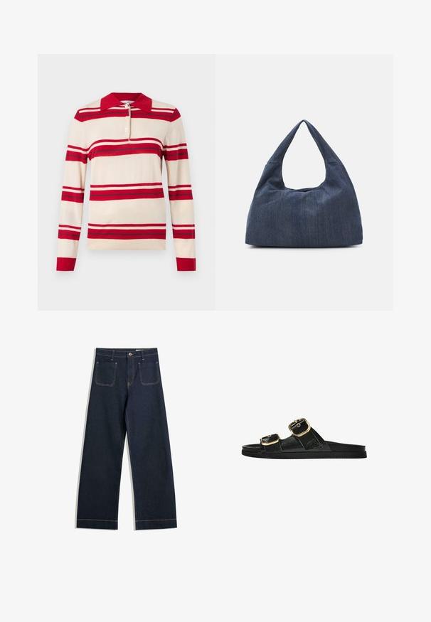 Polo pusero neuleena beige värissä, jossa on punaisia ja vaaleanharmaita vaakaraidat. Puserossa on punainen kaulus ja kolme napin läppää. Pitkät hihat.; Tummansinisiä leveälahkeisia farkkuja, joissa on vaaleanruskeat tikkaukset, kaksi takataskua ja napitus vyötäröllä.; Musta liukusandaali, jossa on kaksi kultaisesta solkesta tehtyä korostusta, sileäpintainen materiaali, litteä pohja ja minimalistinen muotoilu.; Tumma sininen denimi laukku, jossa on pehmeä ja löysä muoto, hobo-tyylinen kahva ja teksturoitu pinta. Ei näkyviä metalliosia.