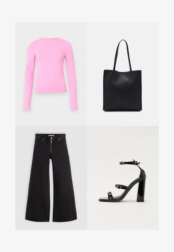 Długi rękaw koszuli wykonanej z miękkiego różowego materiału, z okrągłym dekoltem i dopasowanym krojem. Gładka struktura bez widocznych wzorów lub akcentów.; Jeans o szerokich nogawkach w czarnym denienie z zamkiem błyskawicznym z przodu, pięcioma kieszeniami i subtelnymi detalami przeszycia. Gładka tekstura i swobodny styl.; Czarne lakierowane sandały na obcasie z kwadratowym noskiem, z paskami wokół kostki i srebrnymi klamrami. Posiadają masywny słupek dla stabilności.; Czarna skórzana torba tote o gładkiej fakturze, prostokątnym kształcie i dwóch długich uchwytach. Brak widocznych elementów metalowych i ozdób.