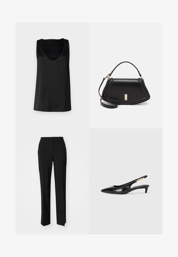 Top negro sin mangas con un escote en V profundo, hecho de una tela suave y liviana. Presenta un corte relajado y un dobladillo recto.; Pantalones negros ajustados con un diseño de pierna recta, que presentan una textura suave y pliegues nítidos en el frente. Sin herrajes visibles.; Tacones negros de piel sintética tipo slingback con punta afilada, que cuentan con un tacón delgado y un detalle en tono dorado en la correa ajustable. Textura suave.; Bolso de mano de cuero negro con un diseño estructurado, que presenta una forma recortada, asa superior y acentos en dorado. Correa de hombro ajustable incluida.