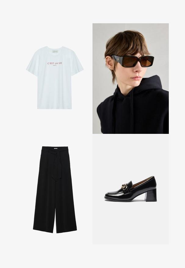 Valge puuvillane t-särk ümmarguse kaeluse ja lühikeste varrukatega. Rindkerel on punane trükitud tekst "C'EST LA VIE PARIS". Lihtne disain.; Mustad laiad püksid, millel on tekstureeritud kangas, elastne vöökoht ja eemaldatav pael vööst, et reguleerida sobivust.; Mustad nahast kõrge kontsaga mokassiinid, millel on ümar varvas, paksem konts ja kuldse tooni detailline aksessuaar esirihmal.; Mustad üledimensioneeritud päikeseprillid läikiva viimistlusega, ristkülikukujuline kuju, pruuni tooni läätsega ja kuldne logo detaili sagedatel.