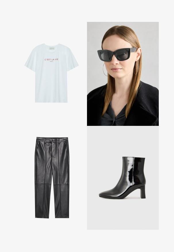 Hvid bomulds t-shirt med rund hals og korte ærmer. Har rødt trykt tekst "C'EST LA VIE PARIS" på tværs af brystet. Enkel design.; Sorte læderbukser med en glat overflade, der har lige pasform, to forlommer og synlige sømdetaljer.; Sort lakeret ankelstøvle med spids tå og en midt-højde blokhæl. Glat tekstur og minimalistisk design.; Sorte katteøje solbriller med mørke linser, tykke rammer og subtile detaljer. Båret med en sort frakke og en grå bluse, med langt, glat hår.; Sort læder crossbody taske med flad form, guld hardware detaljer og justerbar skulderrem. Glat tekstur med minimale syninger.