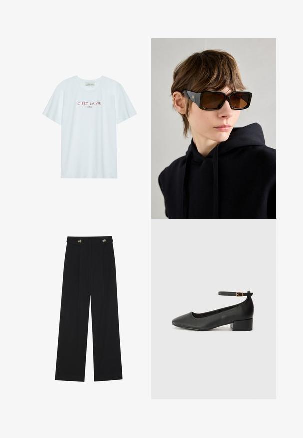 Balta medvilninė marškinė su apvaliu kaklu ir trumpomis rankovėmis. Krūtinėje yra raudonai atspausdintas užrašas "C'EST LA VIE PARIS". Paprastas dizainas.; Juodi plačios kojos kelnės su aukštu liemeniu, sagų detalėmis ant liemens ir priekinėmis raukšlėmis.; Juodas odinis aukštakulnis batelis su smailiu pirštu ir žemu bloku. Su kulkšnies dirželiu su auksinės spalvos sagtimi. Lygus paviršius.; Juodų didelių saulės akinių su blizgiu paviršiumi, stačiakampio formos, rudos spalvos tonuotais objektyvais ir auksiniu logotipu ant šventyklų.